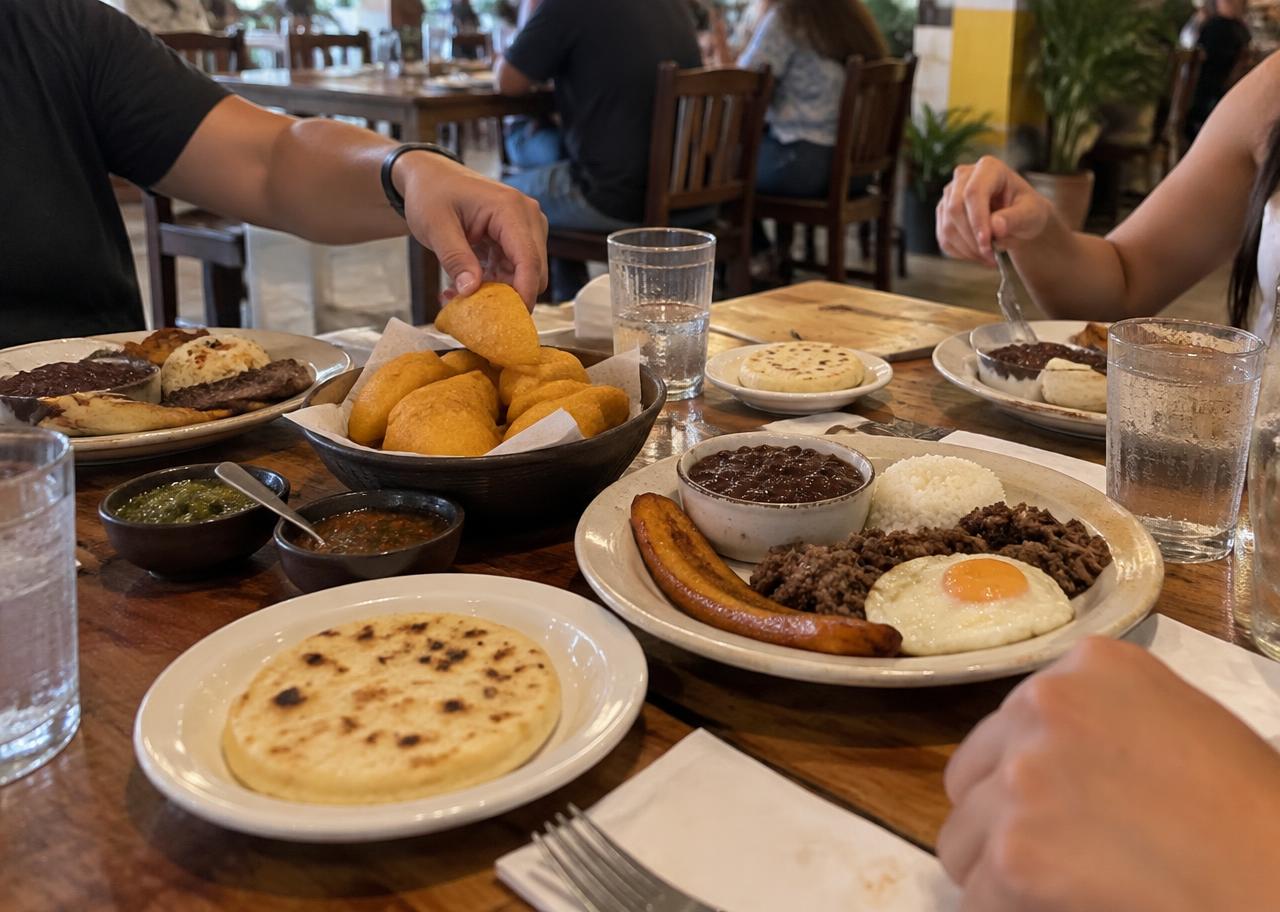 Mesa compartida con comida colombiana